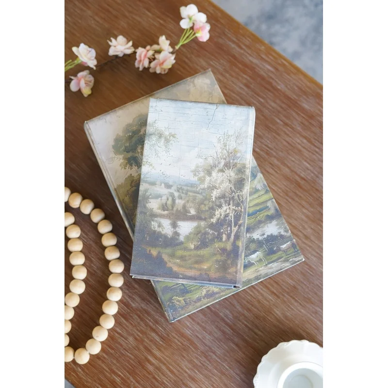 

Set of 2 Decorative Book Boxes with Countryside Scenes, L:7x3x10.5", S:5x2x8.5"