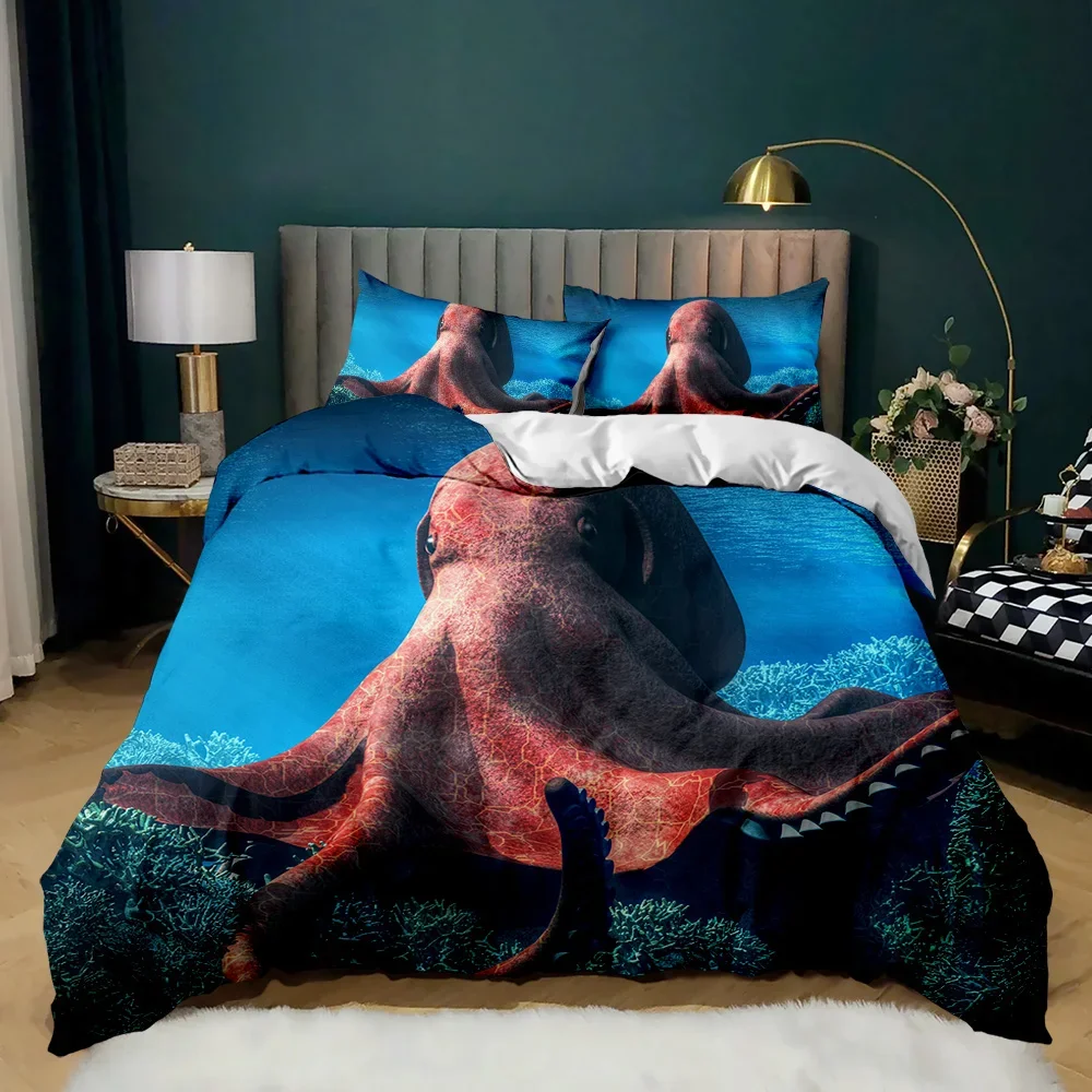 Cartoon Octopus Duvet Cover Sea Animal Orange Blue 3D Print Soft Polyester Marine Life Bedroom Decorations for Children Adults