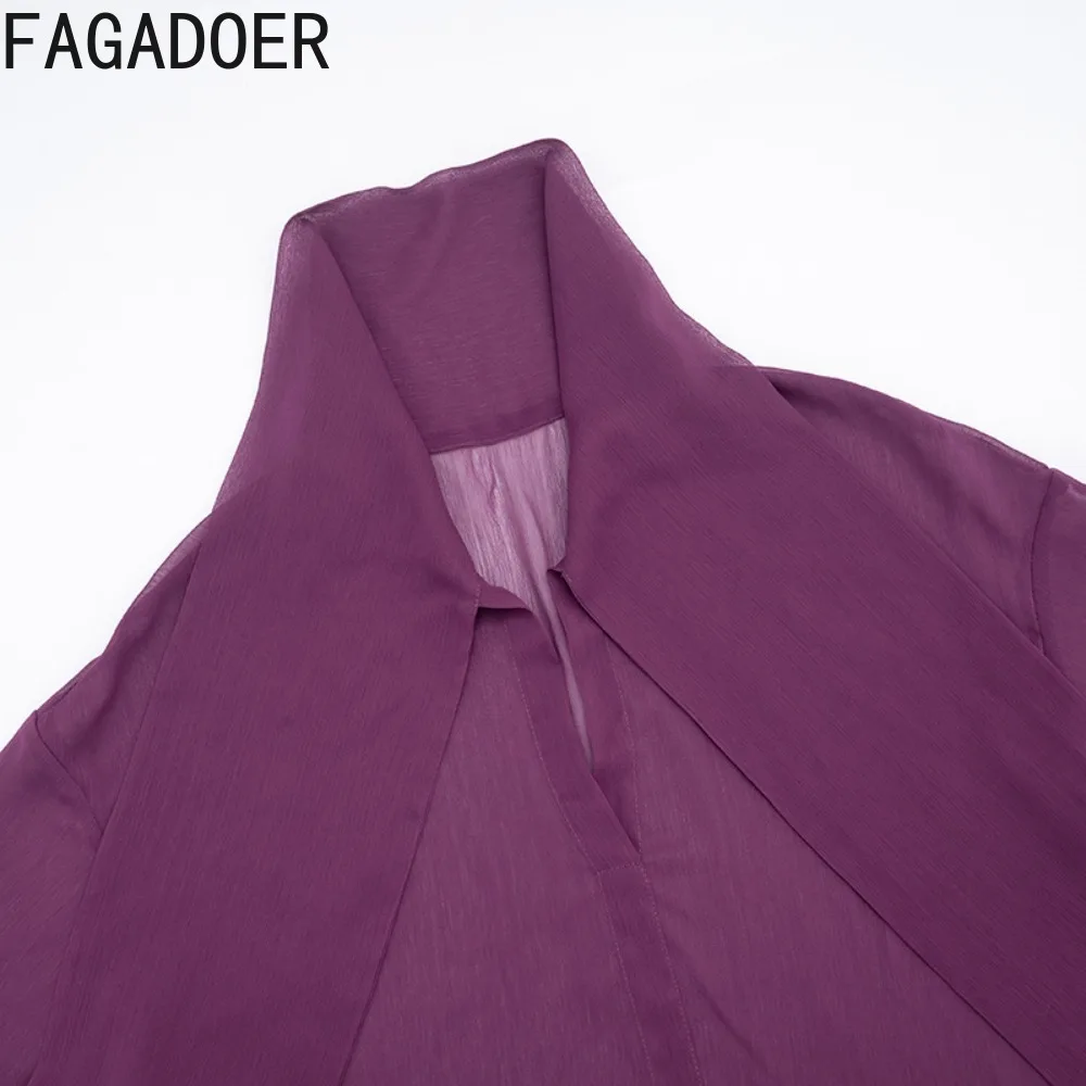 ชุดเซ็ต 2 ชิ้นสำหรับผู้หญิง FAGADOER ผ้าตาข่ายแต่งพู่ แต่งผ้าต่อกัน สีพื้น เสื้อครอปแขนยาวและกางเกงขาบาน สไตล์สตรีทแวร์