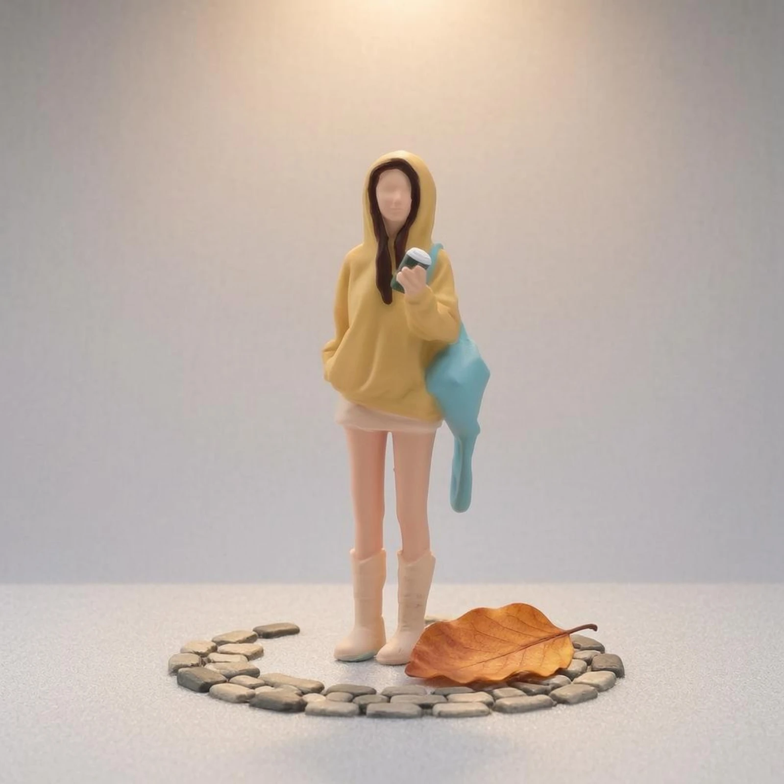 Hooded Girl Figurine 1:64 Scale Miniature Girl Figurine Toy Figure Blue Shoulder Bag Highly Detailed