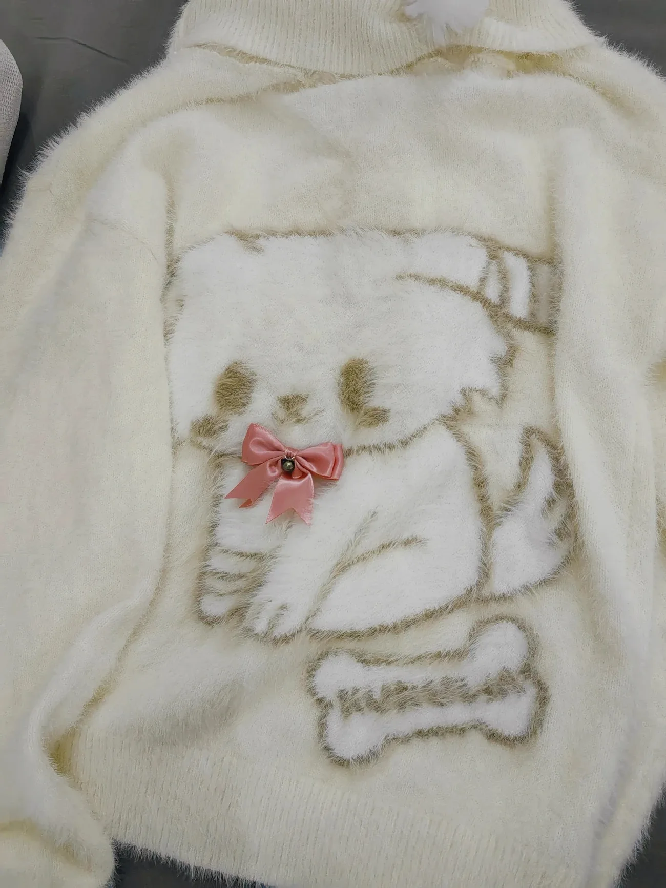 

Kimotimo Cute Puppy Print Bow Knitted Pullover Women Autumn Winter Slash Neck Long Sleeve Sweater Japanese Lazy Loose Y2k Tops