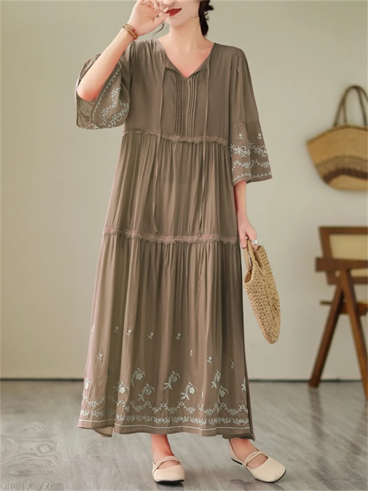 Cotton Embroidery Vintage Dresses For Women 2025 New Summer Casual Loose Long Dress Femme Robe Office Lady Work Elegant Clothing