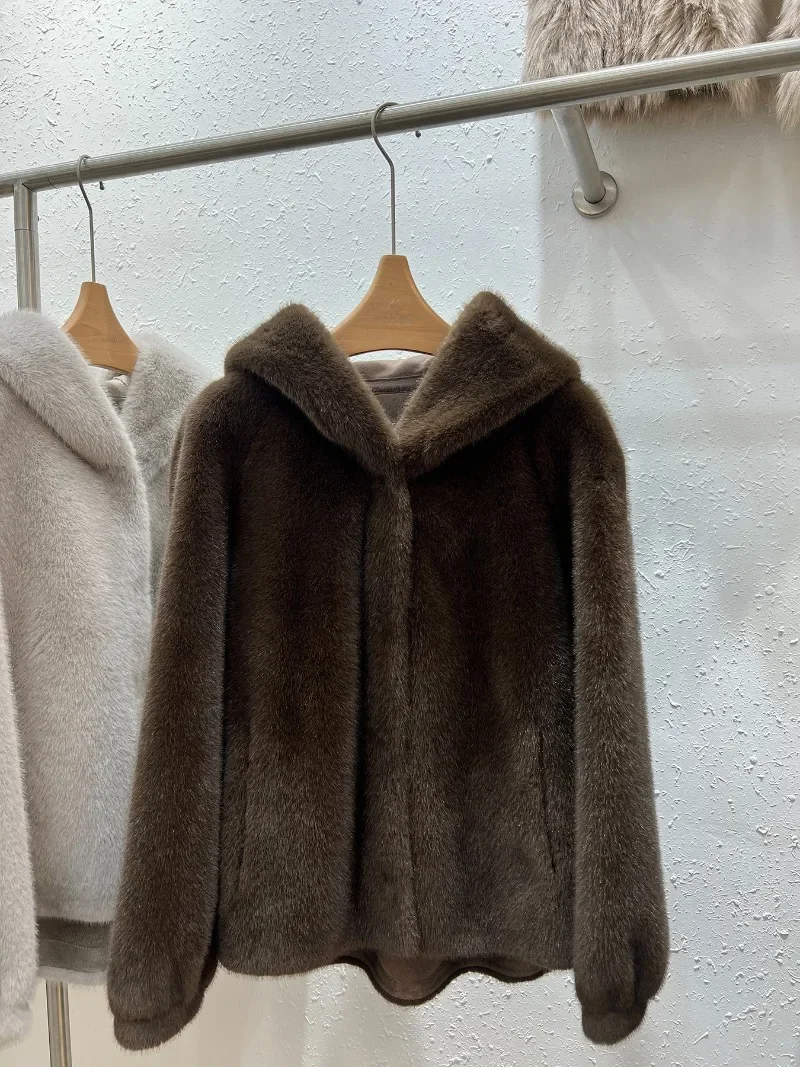 2024 Winter New Hooded Loose Mink Fleece Thickened Wool Sweater Environmentally Friendly Fur Jacket For Women