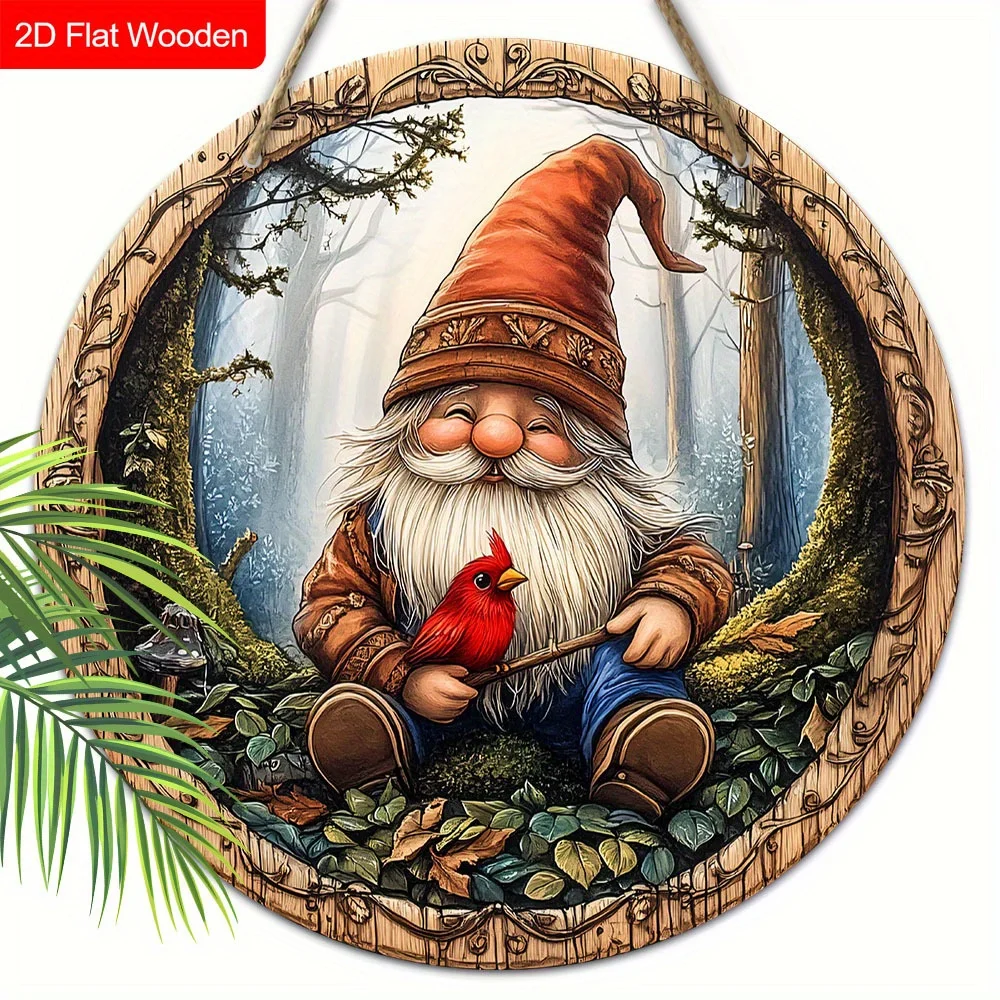 2D Flat, 1pc Christmas Gnome with Red Bird Decoration - Vintage Winter Forest Scene - Recycled Artificial Wood Hanging Sign - No