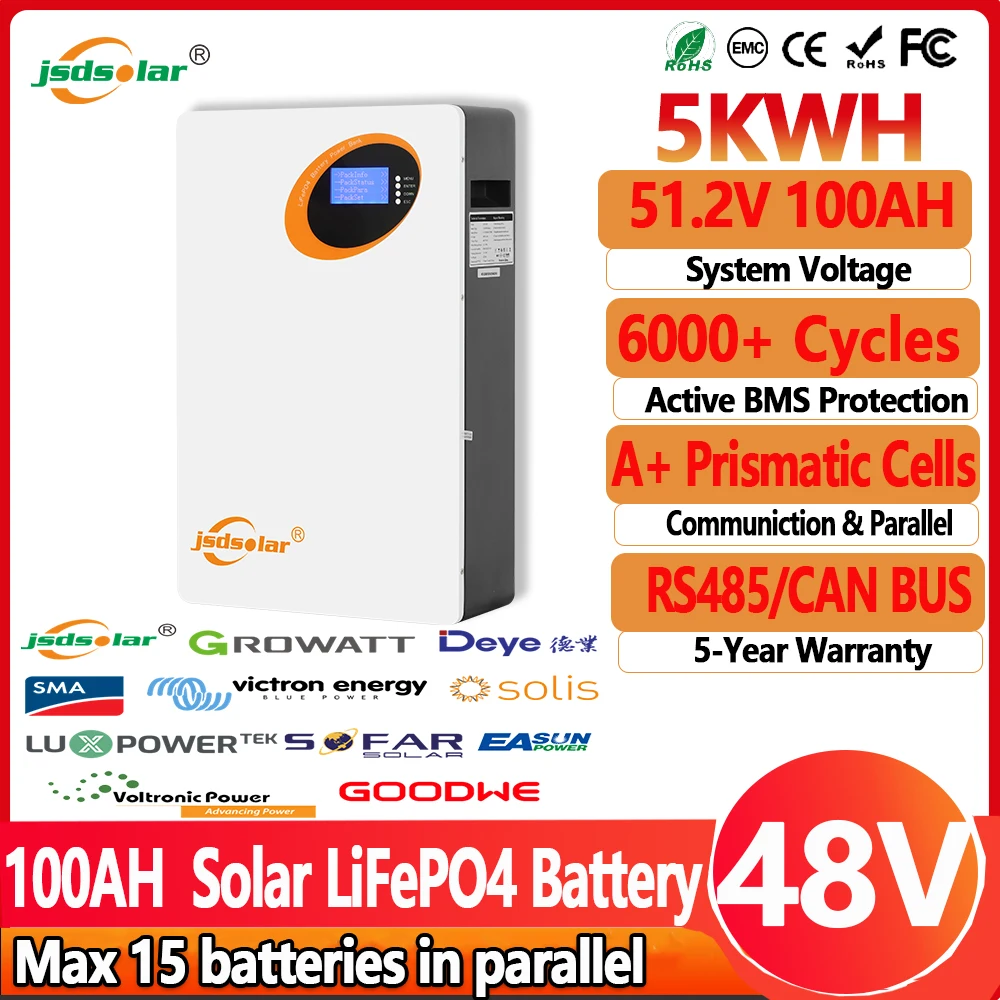 

Jsdsolar 48V 100Ah LiFePO4 Battery 5KWh Powerwall Solar Lithium Battery 100A BMS 6000+ Cycles Parallel CAN BUS RS485 for Home