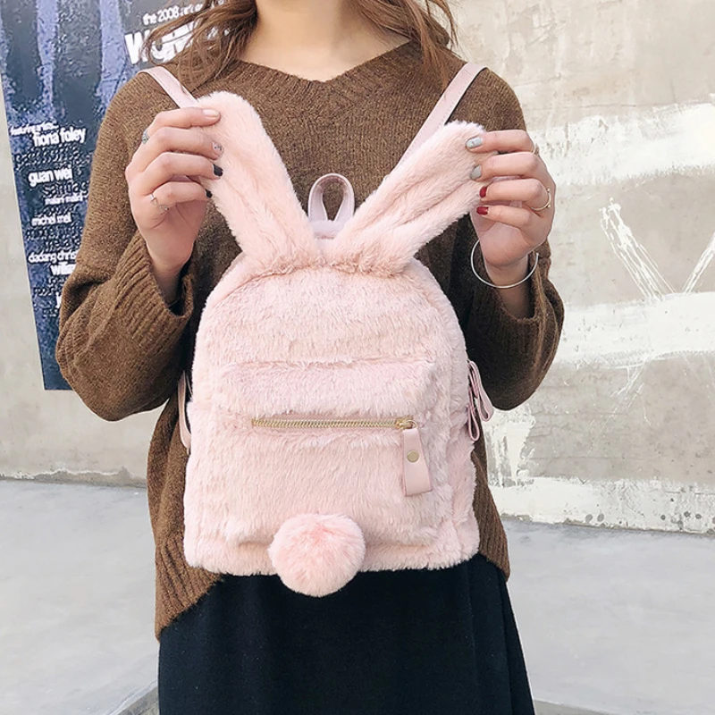 Children\'s Shoulder Bag Winter Fluffy Girls Cute Rabbit School Backpack Fashion Kids Cartoon Kindergarten Backpack Travel Bag