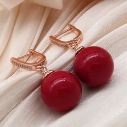 SHENJIANG New Fashion Colorful Round Red Simulated-pearl Drop Earrings For Women Wedding Elegant 585 Rose Gold Color Jewelry