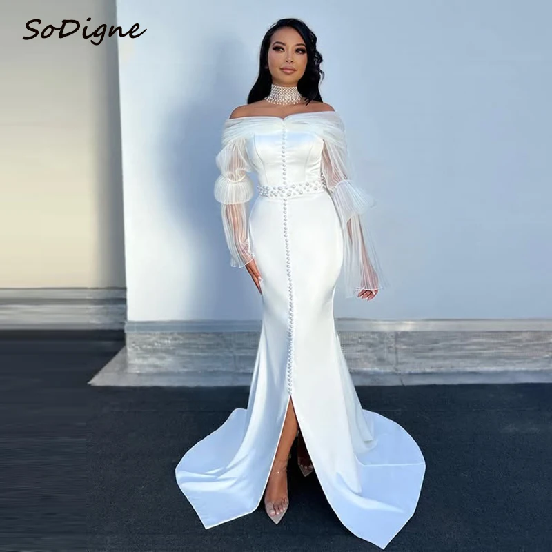 

SoDigne Mermaid Muslim Wedding Dresses Long Sleeves Satin/Tulle Pearls Bridal Dress Long Wedding Gown Robe De Mairee ﻿Customized