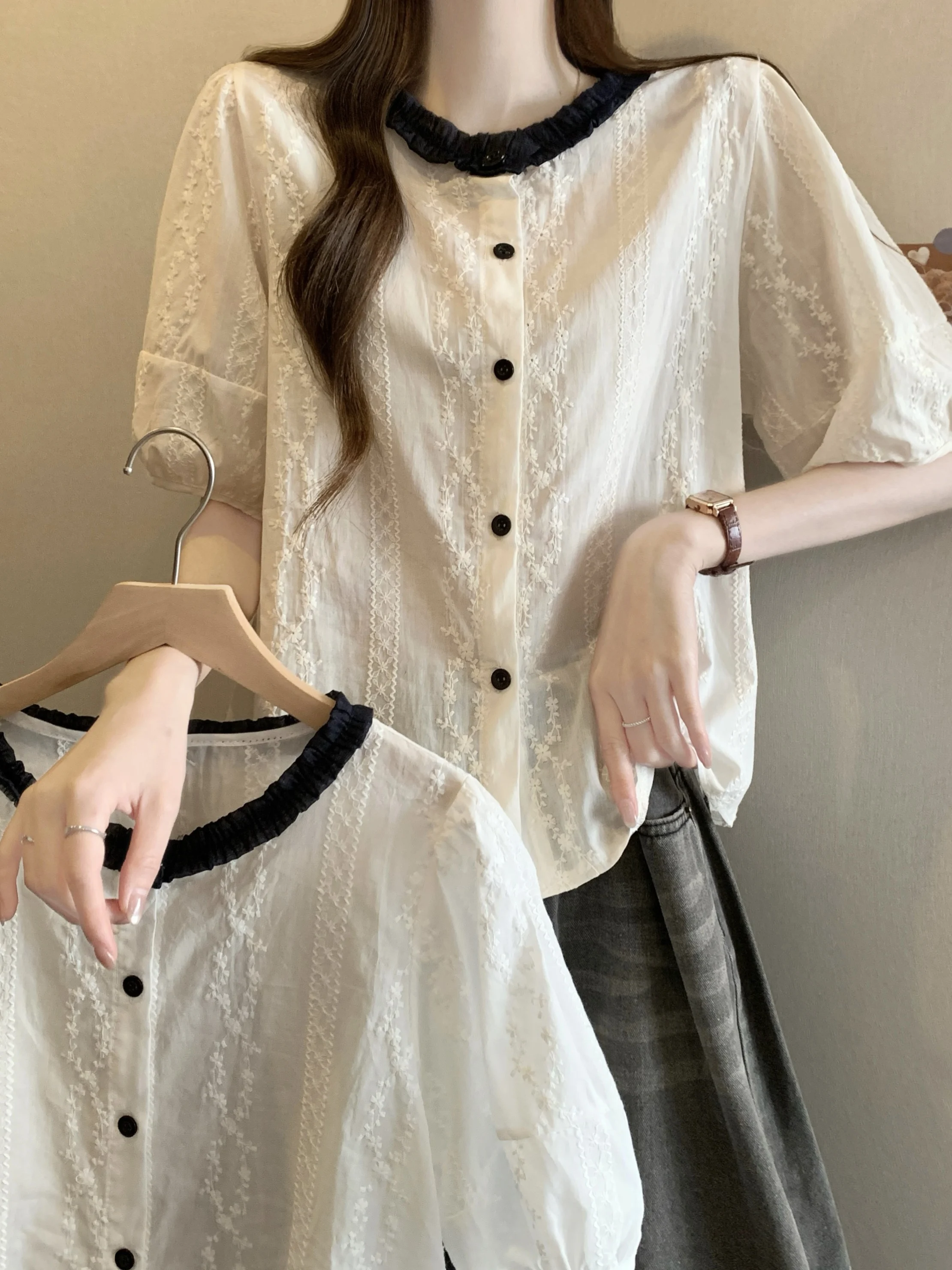 

Korean Commuter Style Embroidered Short Sleeve Women's Shirt round Neck Button up Slimming High End Feel Top Summer Design