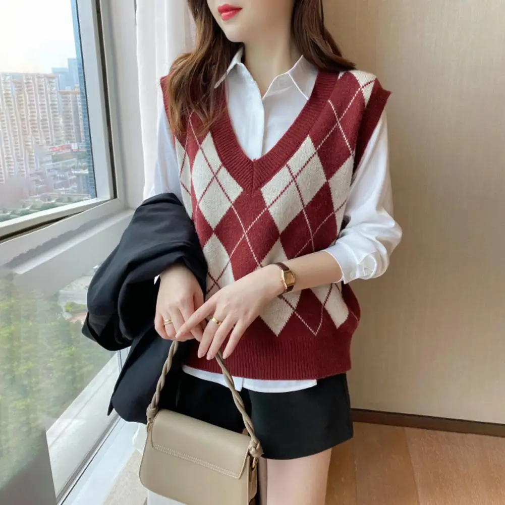 V-neck Vest Women’s Plaid Knitted Vest Loose V Neck Pullover Casual School Sweater Top for Everyday Wear Knitted Top Women