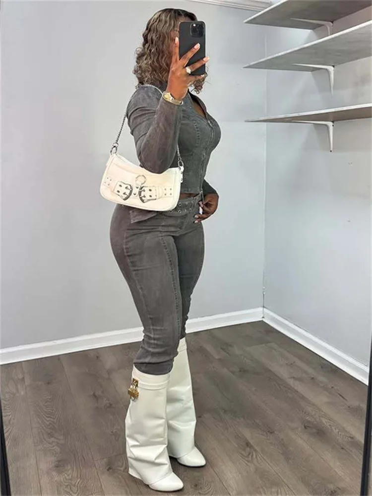 Estranho gato estiramento denim conjunto de 2 peças feminino vintage zip jaqueta + cinto calças combinando magro casual punk outono streetwear outfits