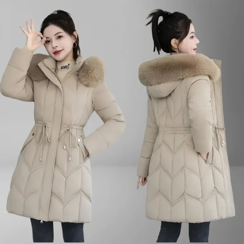 Long Down Jacket with Fur Collar for Women, Cinched Cotton Jacket, Fashionable Warm Coat, Korean Version, Winter, New Style