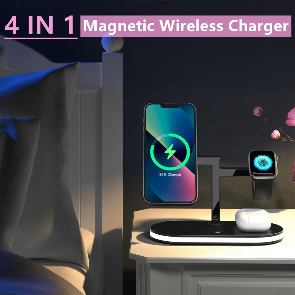 Magnetic Wireless Charger Dock Station 4 in 1 15W Fast Charging Stand For iPhone 15 14 13 12 Pro Max Airpods  Apple Watch SE 8 7