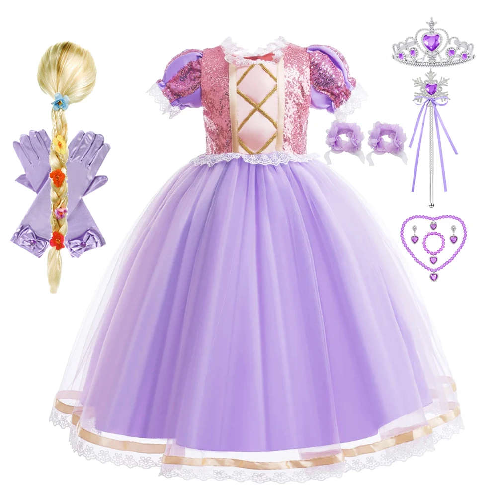 

Rapunzal Purple Princess Dress Girl Cosplay Short Sleeves Dress Birthday Carnival Party Vestido Costume