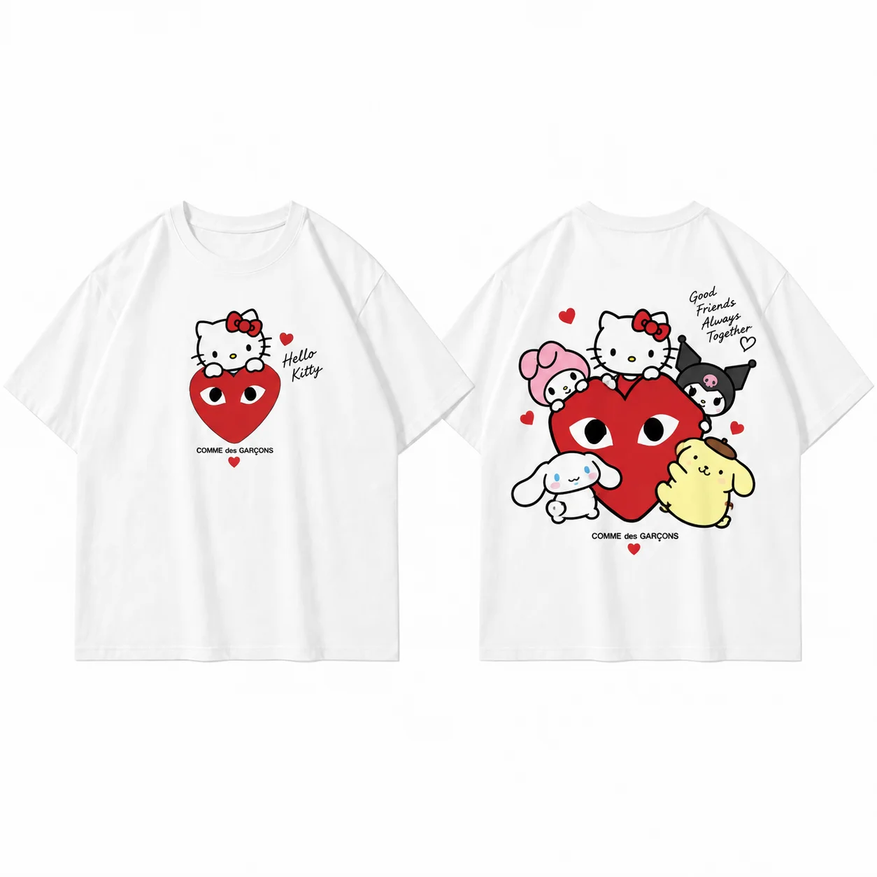 Good Friends Sanrio Hello Kitty Heart Cute Print T Shirt Men's Women's White Kawaii Streetwear Short Sleeve Oversized Casual Top