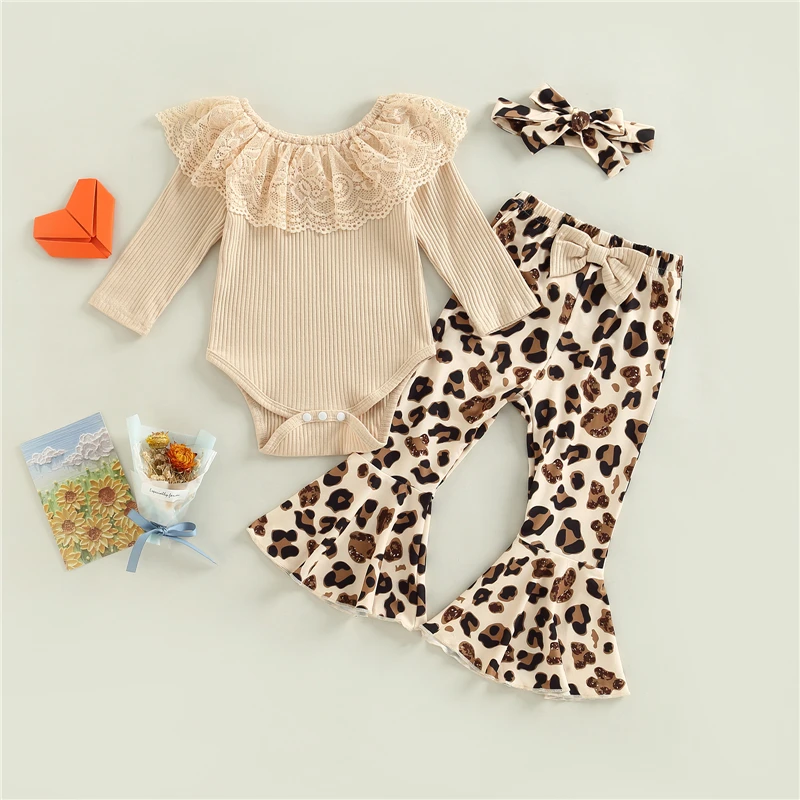 Infant Baby Girls 3pc Outfit Lace Ruffles Knitted Ribbed Long Sleeve Romper + Leopard/Floral Print Flare Pants + Headband Set