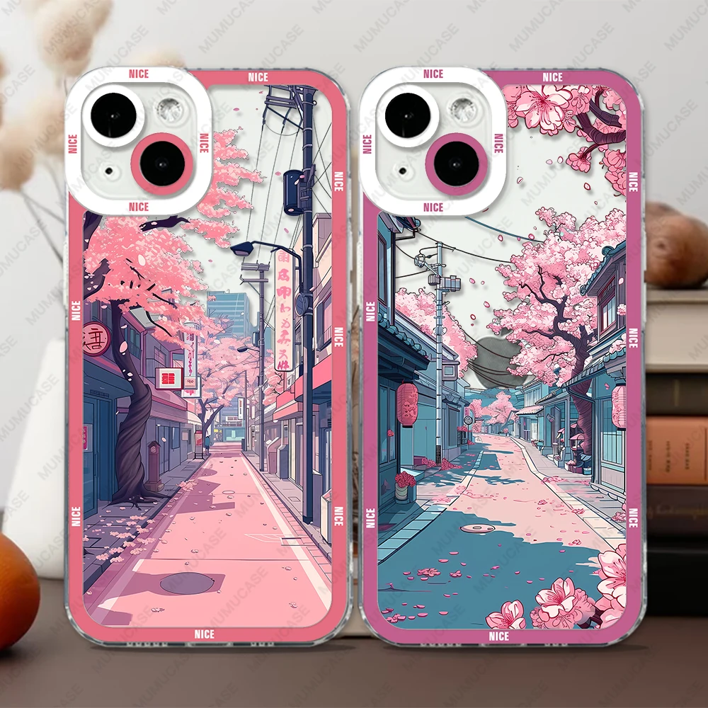 Case For iPhone 16 15 14 13 Pro Max 12 Mini 11 XS X XR SE 7 8 Plus Soft Cover Japanese Landscape Cherry Blossoms