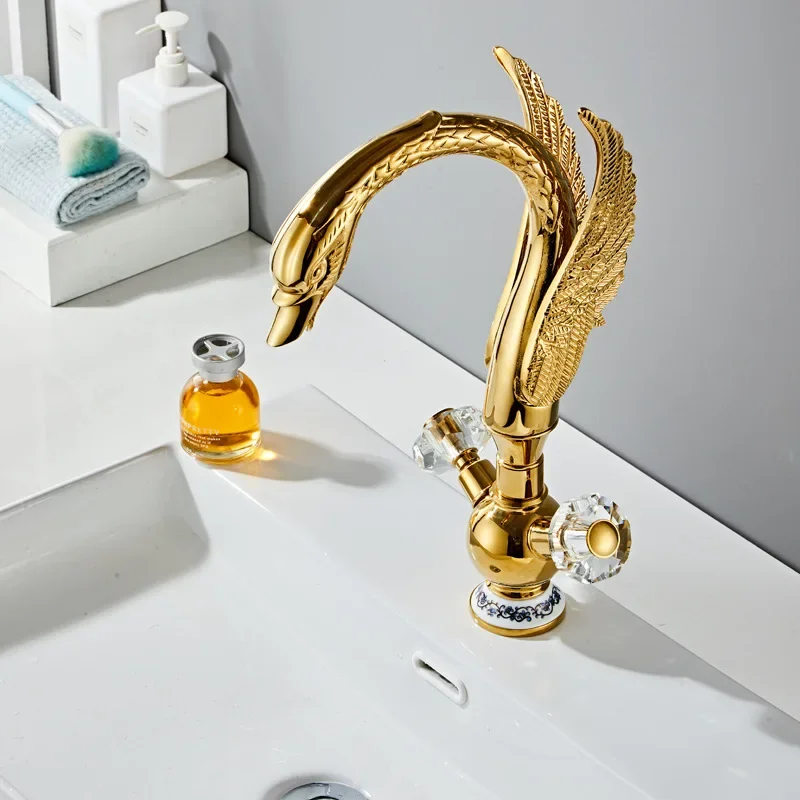 Brass Golden Swan basin Faut With Hot And Cold Water Crystal Handle ramic Plate Hotel Bathroom Washbasin Faut XR7890