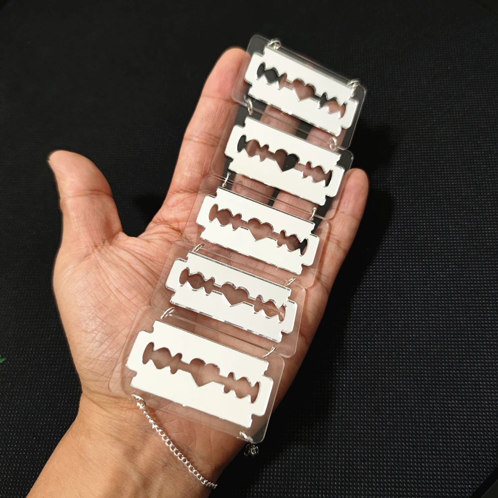 KUGUYS Blade Bangles for Women Men Mirror Silver Color HipHop Rock Fashion Jewelry Acrylic Accessories with Extended Chain