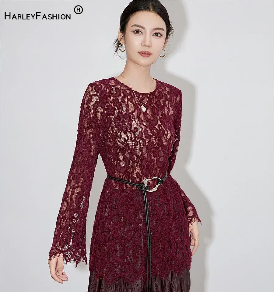 Lady High Quality Sexy Hollow Out Lace Wear O-neck Flared Long Sleeve Women Casual See-through Tops