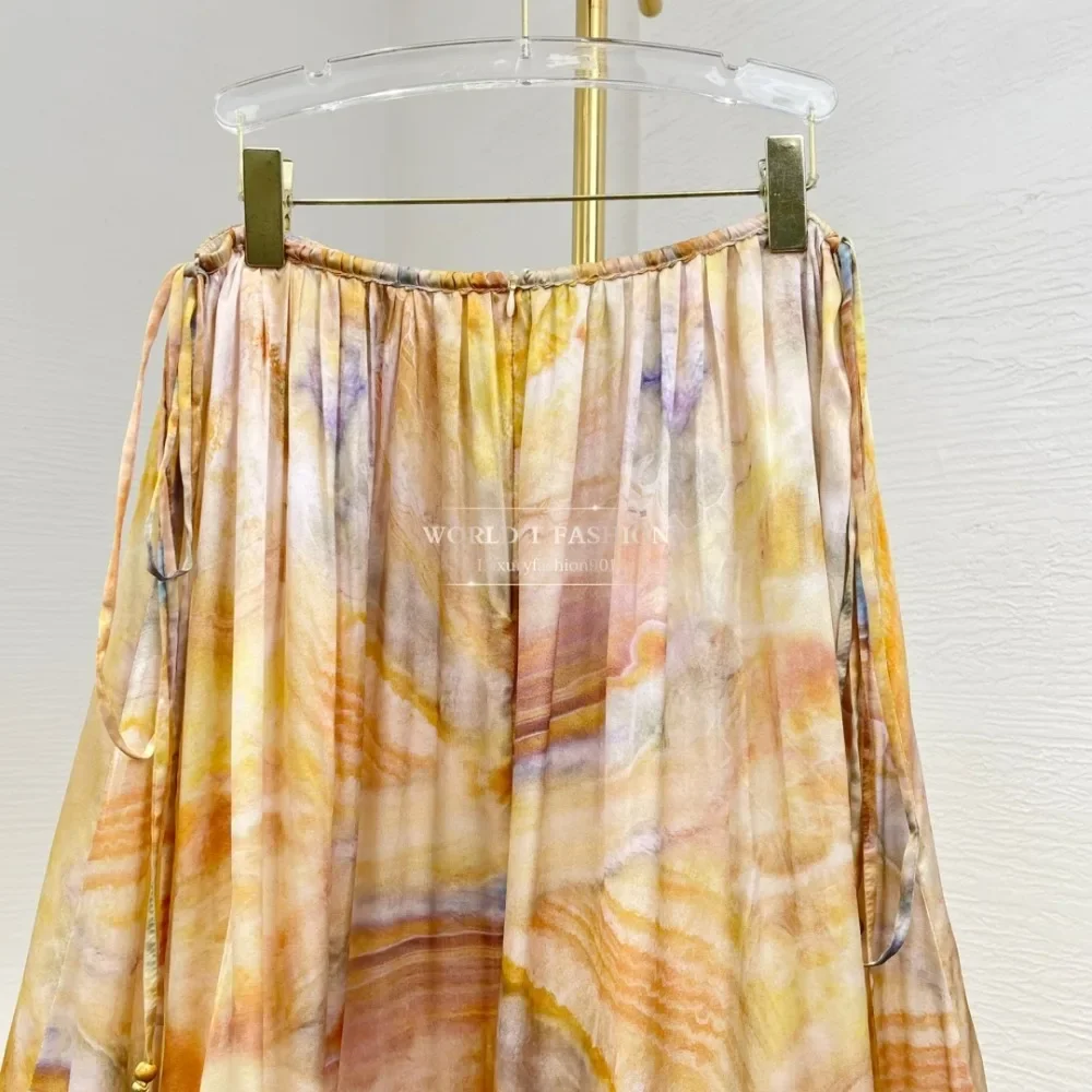 

Yellow Floral Print Irregular Hem Midi Skirt Silk