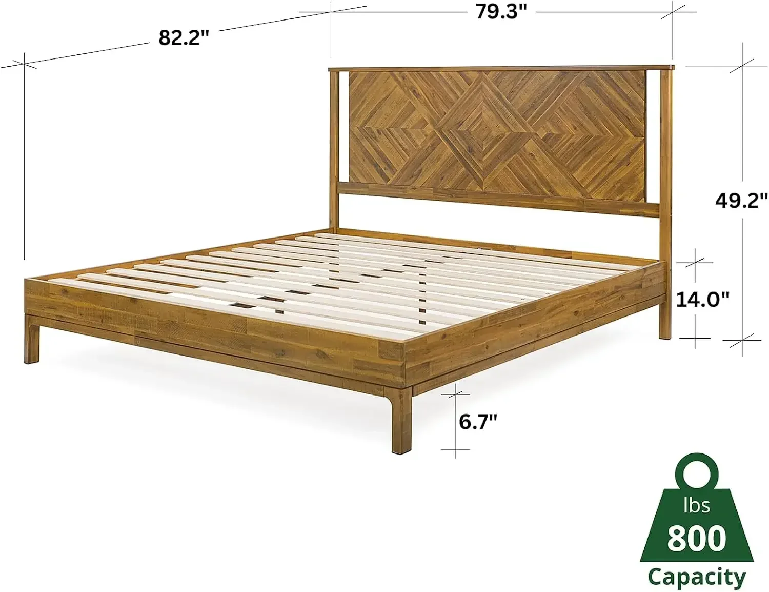 Marco de cama King Ethan de madera maciza con cabecera de diamantes - Moderno rústico y de mediados de siglo - Cama con plataforma de madera de acacia - Compatible