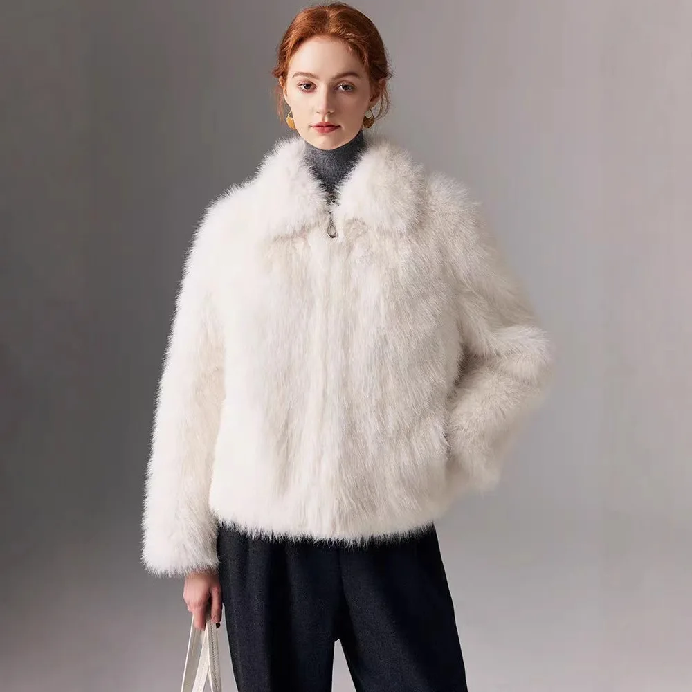 

2025 зимнее новое универсальное однотонное женское пальто из искусственного лисьего меха, модное женское пальто с коротким воротником и длинными рукавами