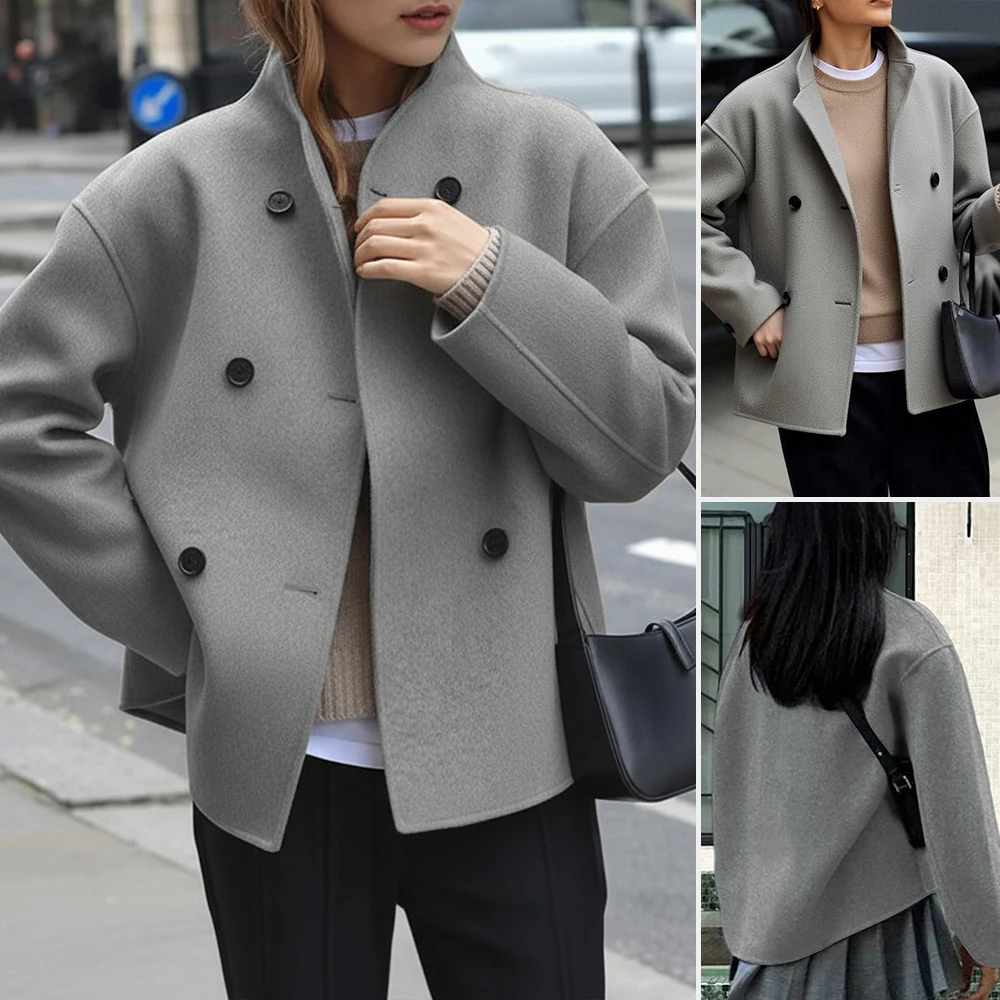

Женские повседневные пальто 2025 года, модные осенне-весенние однотонные двубортные пальто с круглым вырезом и длинными рукавами
