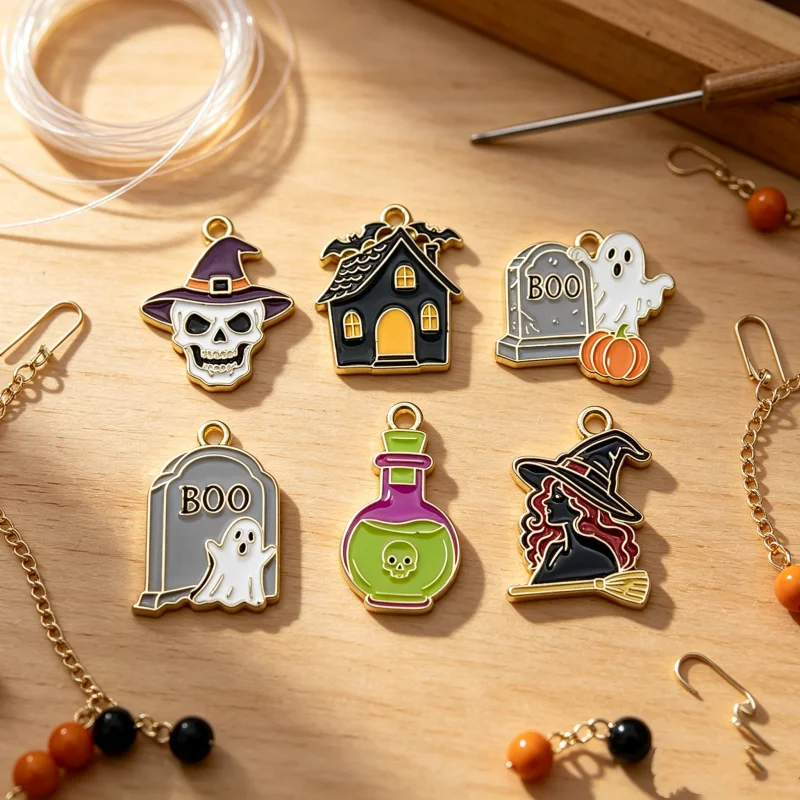 10 Stück Halloween-Thema Emaille-Anhänger, gemischte Legierungs-Anhänger, handgefertigte Ohrringe, Armbänder, Halsketten, DIY-Schmuckzubehör – Detail 1