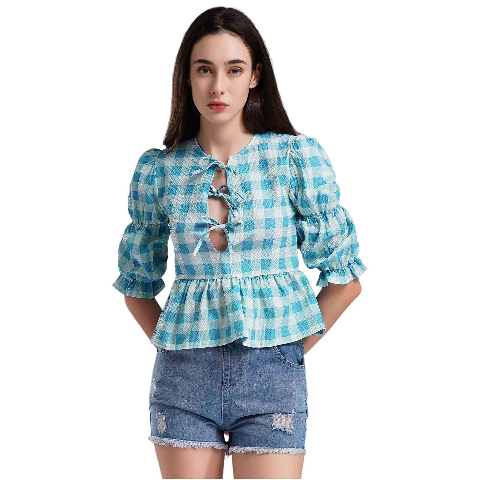 Women Fashion Lace Trim Shirts Summer Tee Shirts Cute Casual Turn-Down Collar Long Sleeve Ruffled Cuffs Tie Front Bowknot Blouse