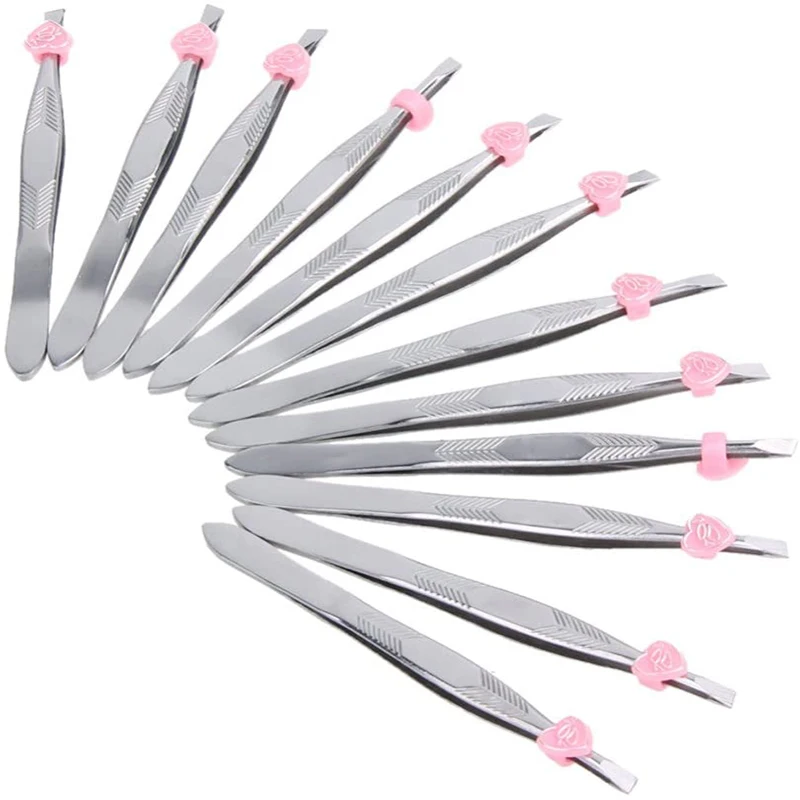 12pcs Hair Removal Tweezers Stainless Steel Eyebrow Tweezers Pink Slanted Silver Tip Point Face Harmless Makeup Beauty Tool