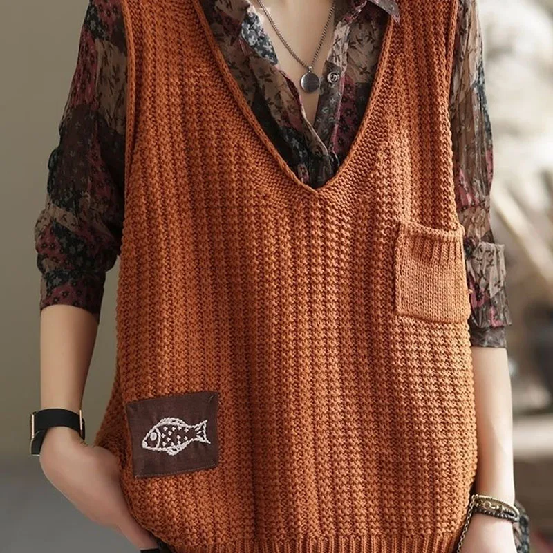 Vintage Fashion V-Neck Solid Color Sweater Vest Women Loose Casual All-match Patchwork Knitted Jumpers Spring Female Clothing