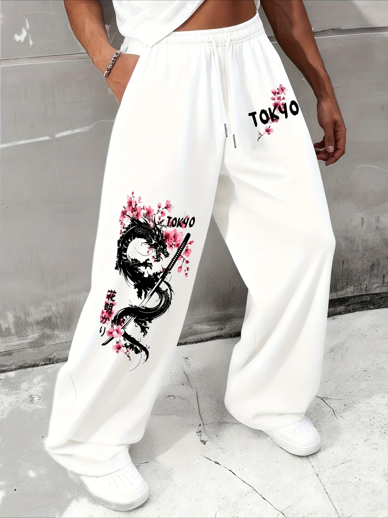 Men's pants - Japanese-style cherry blossom print straight pants -Casual winter and autumn warmers -Best-selling boyfriend pants