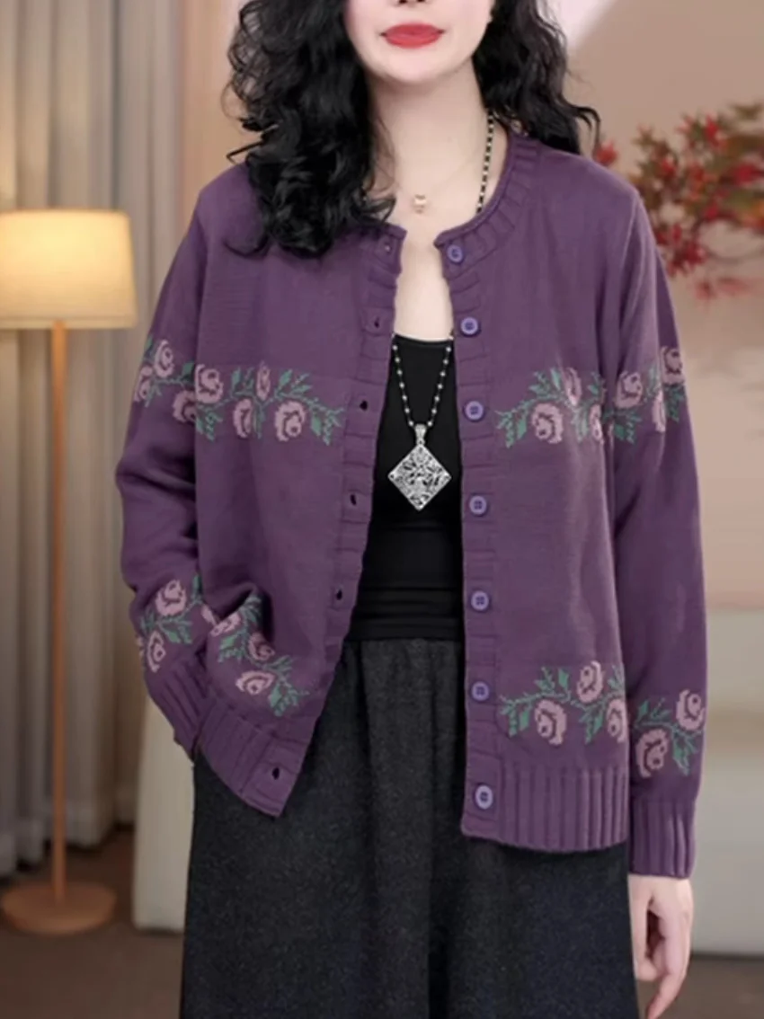 

Autumn Winter Embroidered Vintage Loose Cotton Knitted round Ne Two-Way Wear Commute Sle Thiened Long Sve Sweater