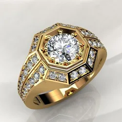 Men's Gold Color Rings Octagon Round Shape Inlay Zircon Rhinestone Engagement Wedding Ring Male Jewelry Accessories Gifts