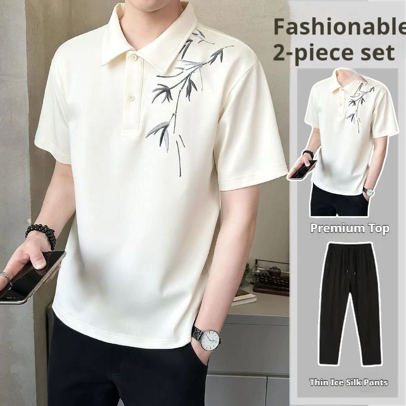 

Summer New Embroidery Chinese Style Design Sense Polo Shirt Men's Short Sleeved Loose Trendy T-Shirt Two Piece Set