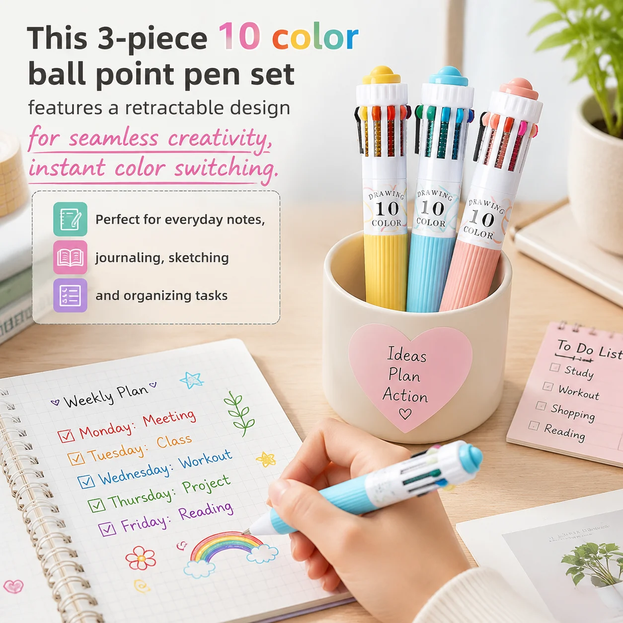 Multicolor 10-in-1 Colored Ballpoint Pens 0.8mm Fine Point Smooth Writing,Retractable Ballpoint Pens Back to School Stationery