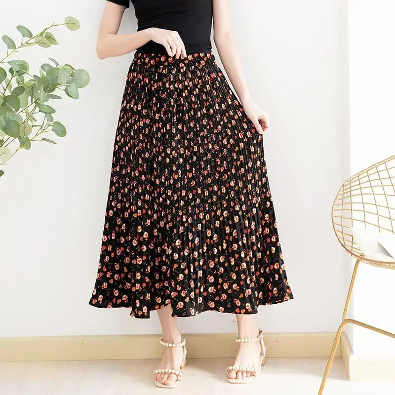 

Summer Flower Chiffon Pleated Skirt Women Elegant Elastic High Waist Slim A-line Casual Beach Midi Long Skirts Work Dance 2025