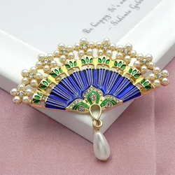 New Fashionable Retro Fan Brooch Creative Design Enamel Pearl Fan Pin Clothing Accessories Jewelry Gifts Party Women's Brooch