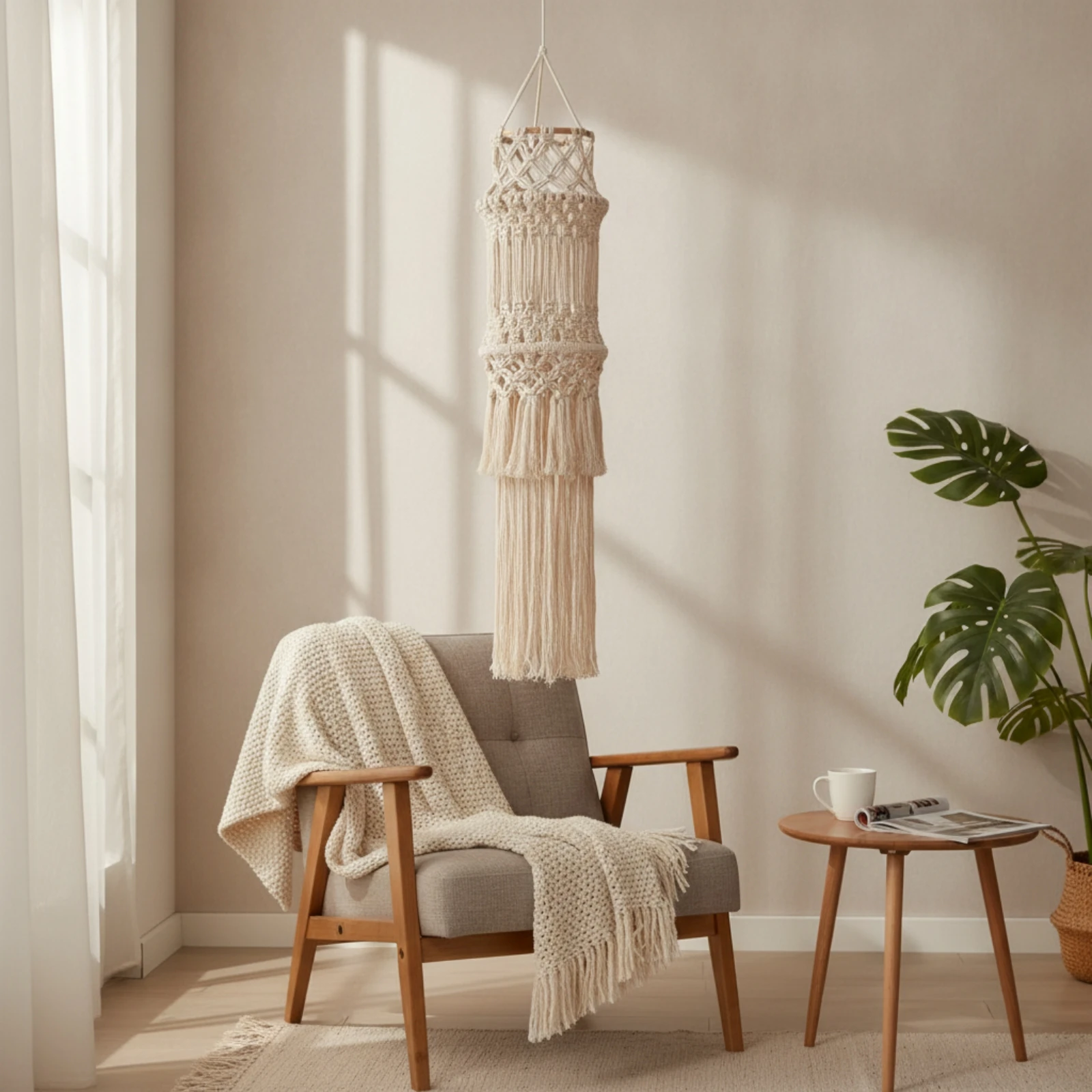 Macrame Lampshade Tasseled Tassel Lampshade Boho Light Cover Woven Lamp Shade with Tassels Fringe for Bedroom, Reading Corner