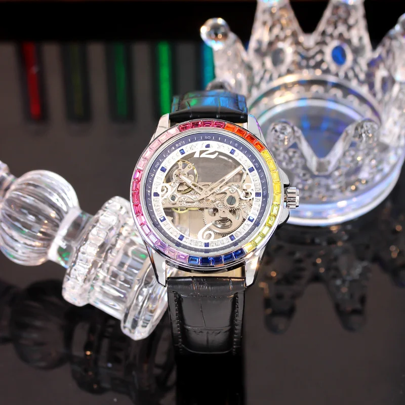 

A men's black leather belt business-style minimalist automatic mechanical watch with Arabic numeral markers