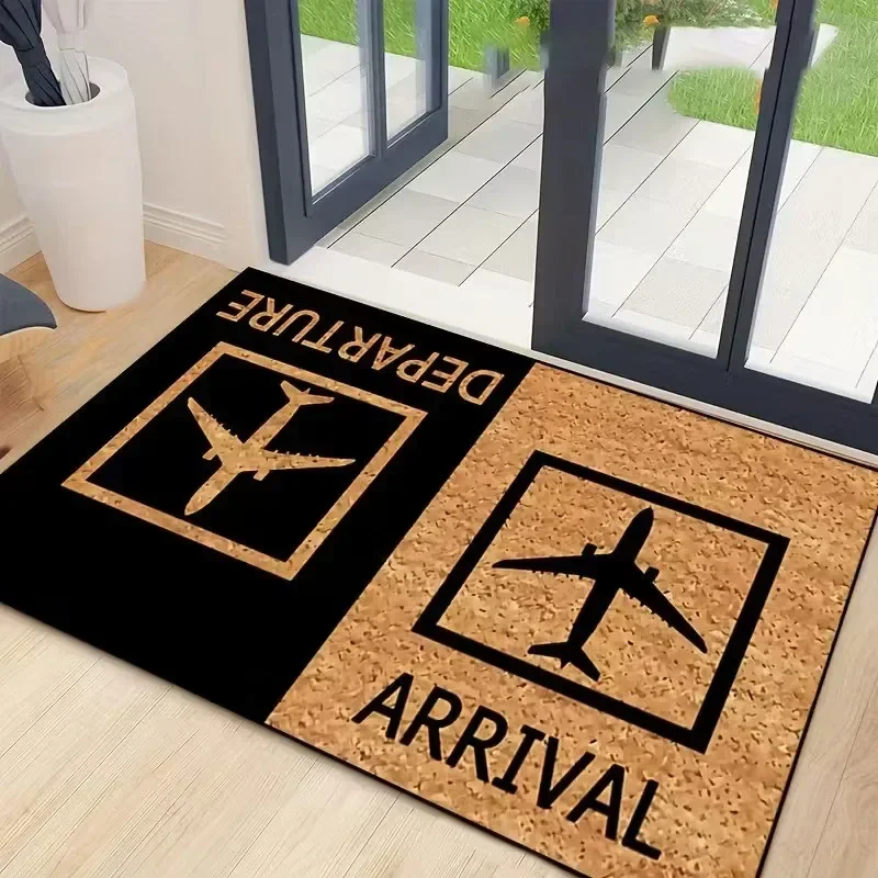 1PC Airport Sign Doormat Funny Entrance Rug with Arrivals Departures Graphic Black Yellow Navy Blue Modern Welcome Mat Gift