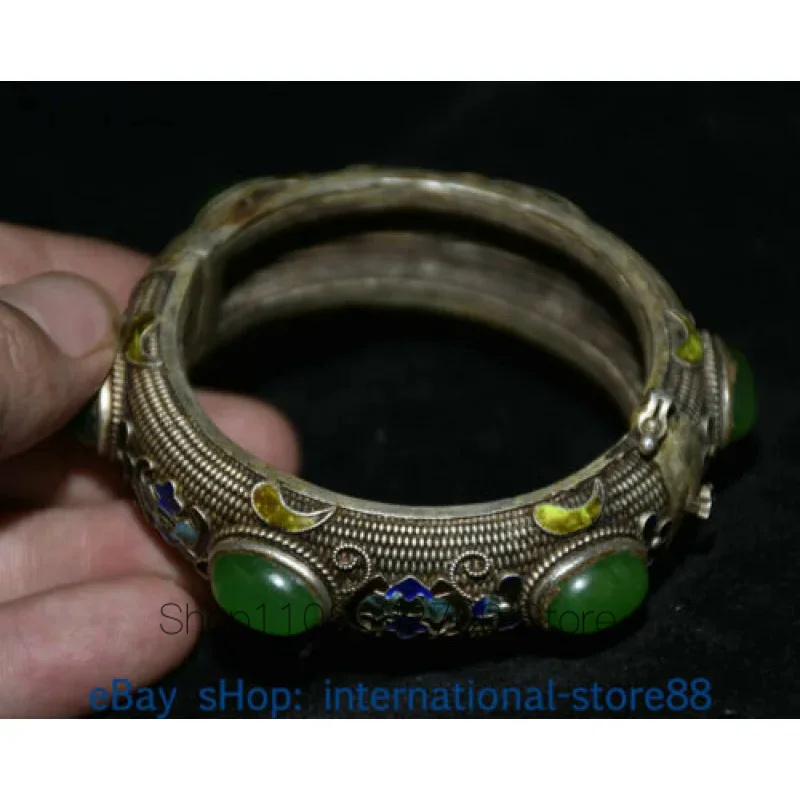 

3.6 Inch Old Chinese Enamel Silver Inlaid Colorful Jade Gem Dynasty Flower Bracelet