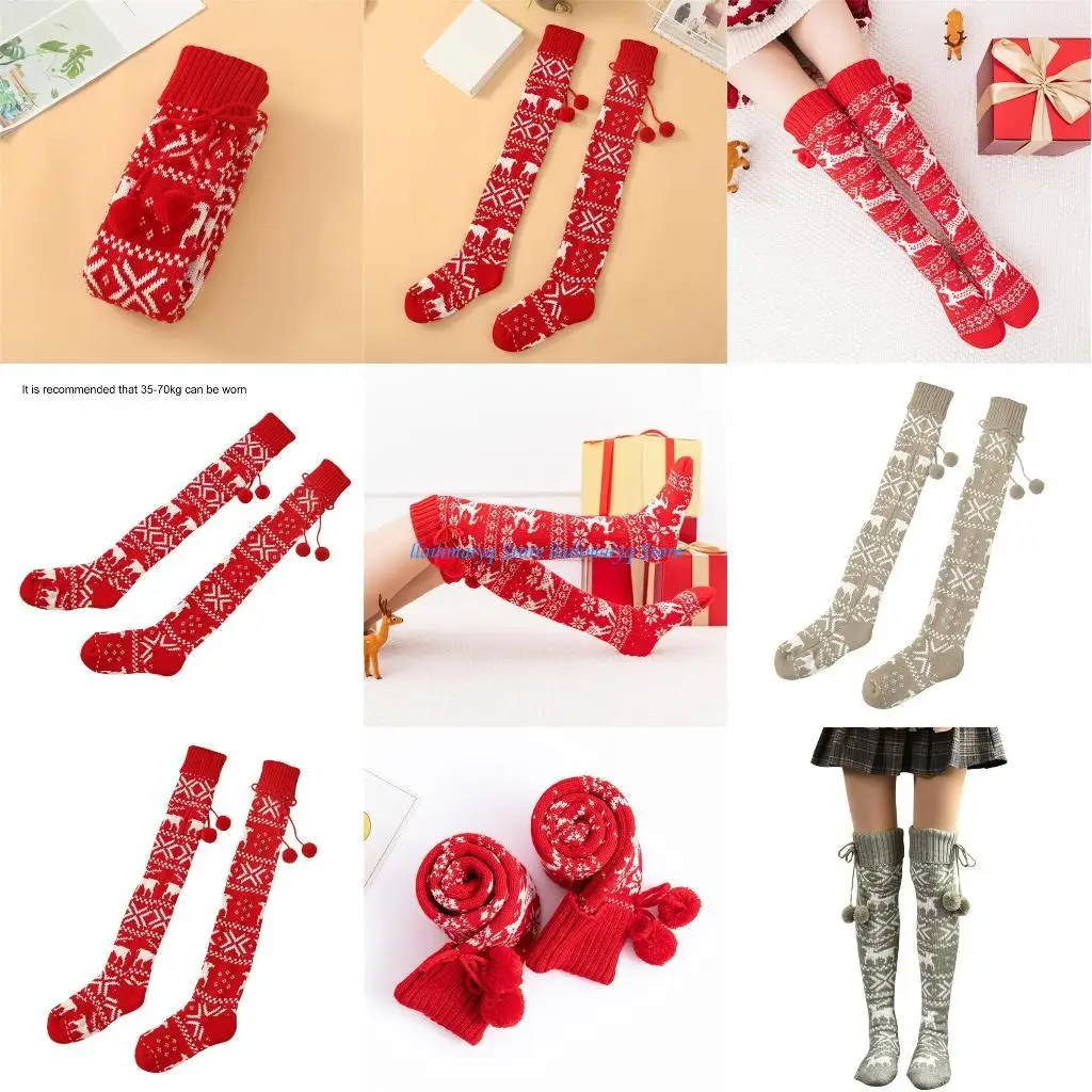 

573b Женские милые плюшевые шарики над носками колена Рождественские вязаные чулки теплые чулки