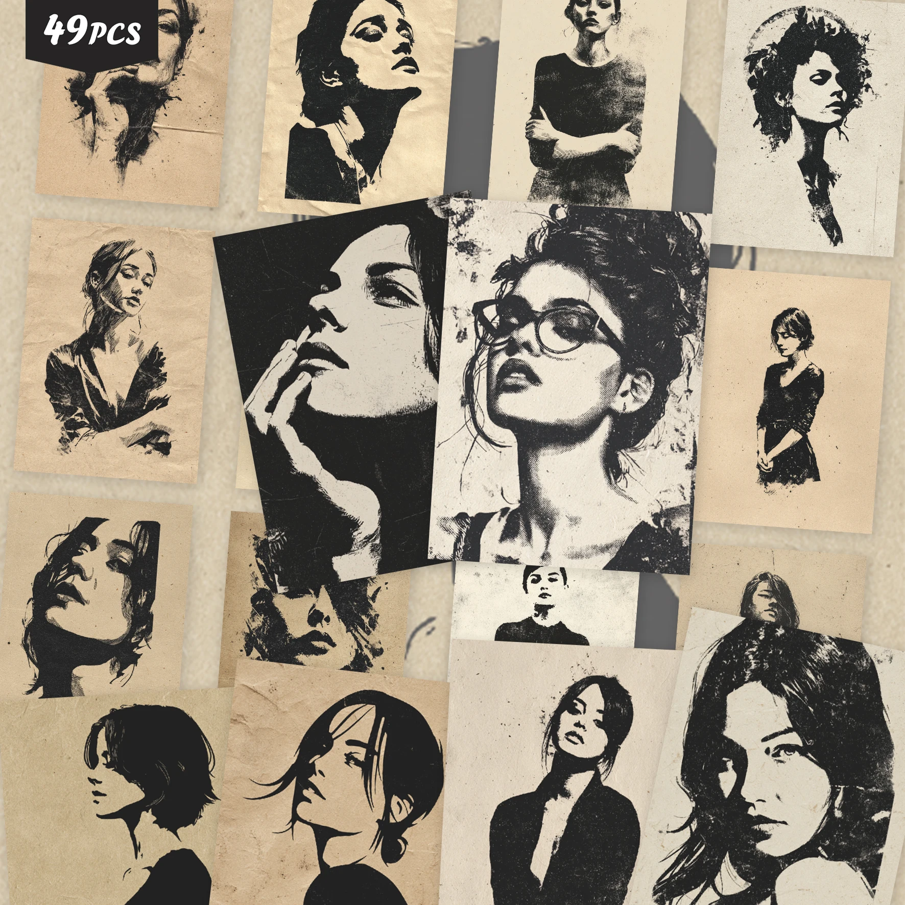 49PCS Black White Art Portrait Cutout Stickers for laptops, Vintage Women Sketch, Ideal for Journaling & Handmade Card Making