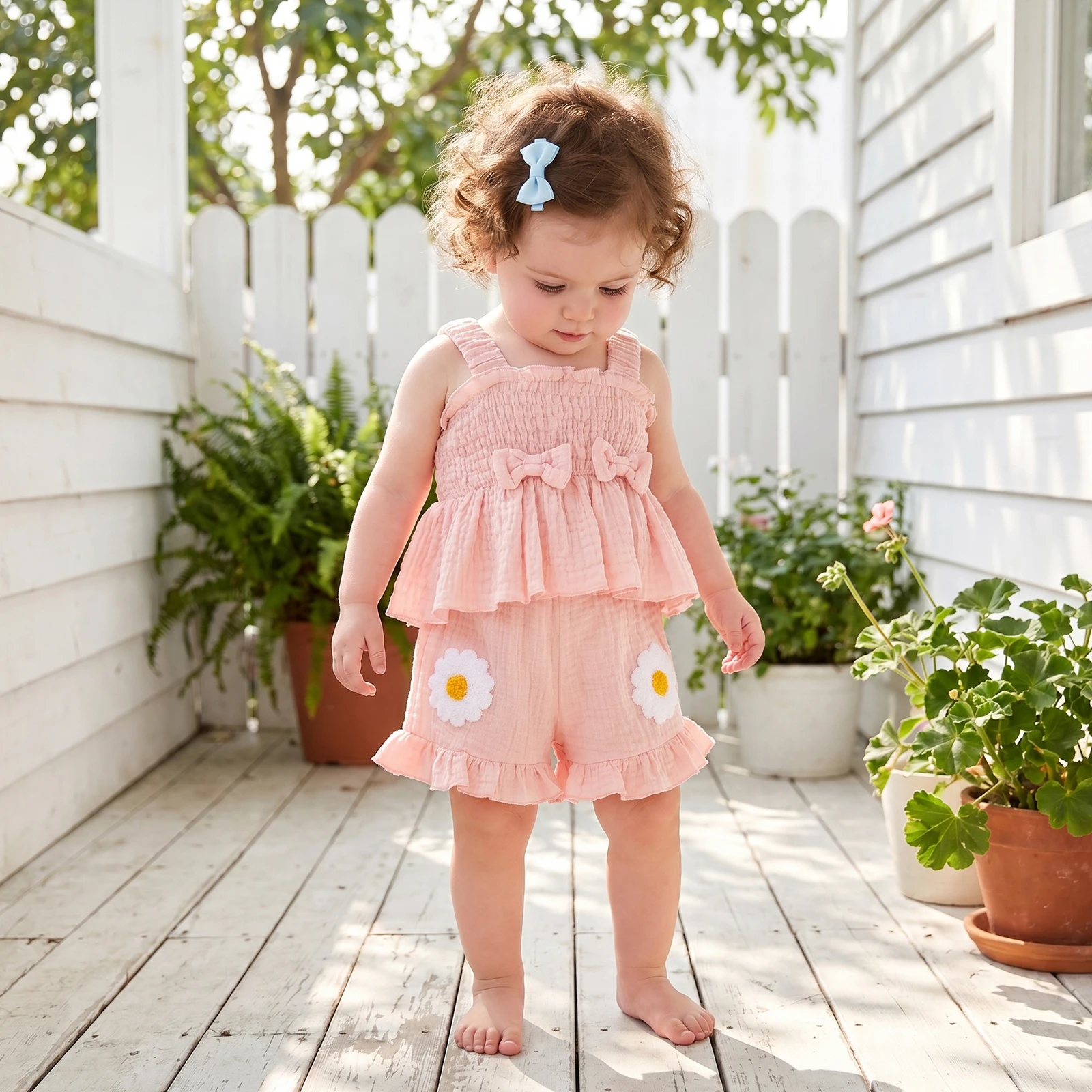 0-4Y Toddler Baby Girls 2 Piece Outfits Adorable Bow Sleeveless Square Neck Tops and Daisy Embroidery Shorts Set