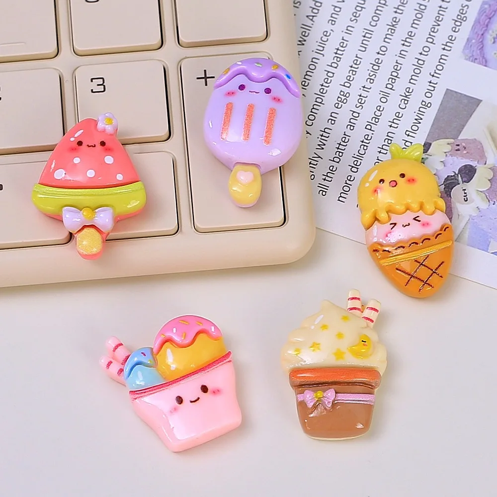 10pcs Cute Cartoon Ice cream Popsicle Resin Flatback Cabochon Scrapbooking Phone Decoration DIY Embellishments Hair Bows Center