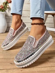 New 5 Color Women Rhinestone Crystal Platform Casual Loafer Shoes Slip-on Women Flats Luxury Comfortable Girls Sneakers Size 44