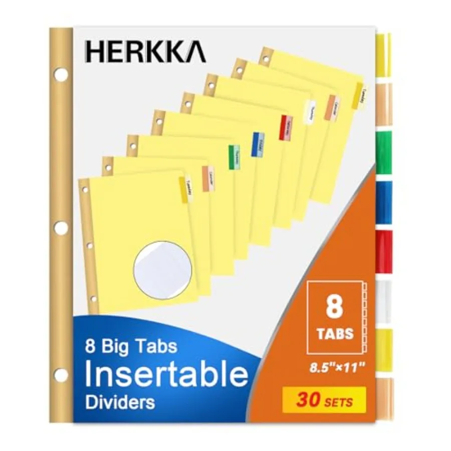 

Набор из 240 разделителей для папок на 8 вкладок, с 8 вставными разноцветными большими вкладками, бумага с усиленными золотыми отверстиями для перфорации.