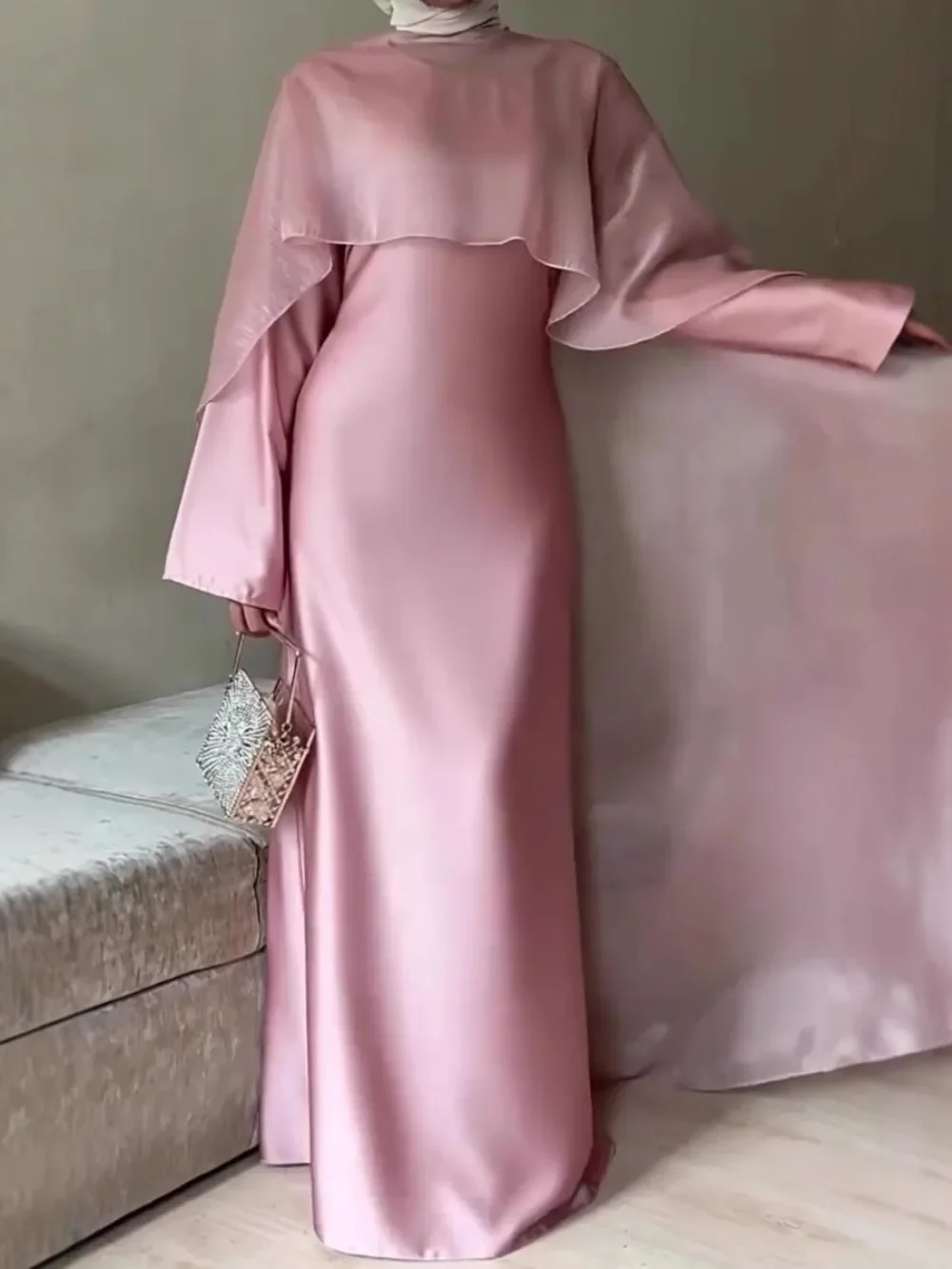 Women Dress Cape Silky Pink Party Dresses Abaya Muslim Jalabiya Ramadan Vestidos Largos Islam Arab Long Robe Dubai 2026 Eid